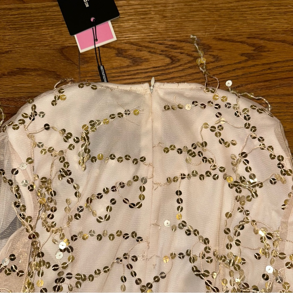 NWT Pretty Little Thing Sz 2 Beaded Sheer Sleeve Party Dress Champagne - Picture 4 of 9